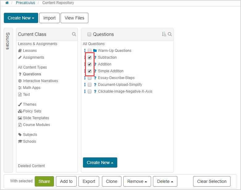 Under Current Class pane, Questions is selected. In list under Questions pane, checkboxes for some questions are checked.